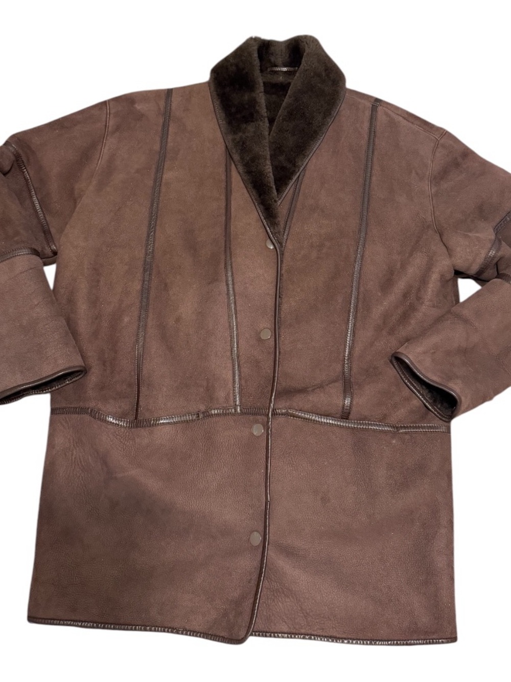 Vintage 80s Pia Rucci Chocolate Brown Leather Suede Teddy Shearling Coat Sz L